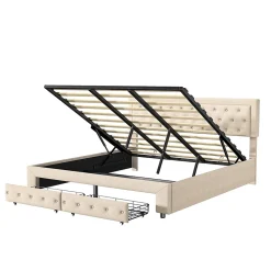 Lit Double 180 X 200 Cm Avec Coffre Et Tiroirs,velours,sommier à Lattes,lit Hydraulique, Beige