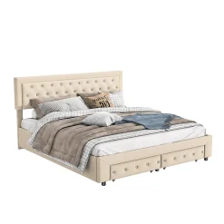 Lit Double 180 X 200 Cm Avec Coffre Et Tiroirs,velours,sommier à Lattes,lit Hydraulique, Beige