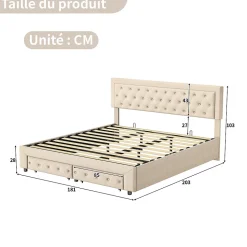 Lit Double 180 X 200 Cm Avec Coffre Et Tiroirs,velours,sommier à Lattes,lit Hydraulique, Beige