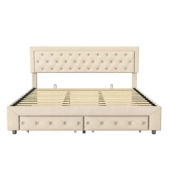 Lit Double 180 X 200 Cm Avec Coffre Et Tiroirs,velours,sommier à Lattes,lit Hydraulique, Beige