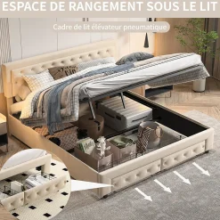 Lit Double 180 X 200 Cm Avec Coffre Et Tiroirs,velours,sommier à Lattes,lit Hydraulique, Beige