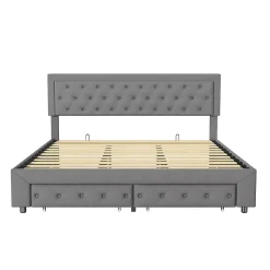 Lit Double 180 X 200 Cm Avec Coffre Et Tiroirs,velours,sommier à Lattes,lit Hydraulique, Gris