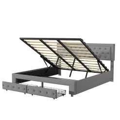 Lit Double 180 X 200 Cm Avec Coffre Et Tiroirs,velours,sommier à Lattes,lit Hydraulique, Gris