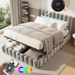 Lit double 180 x 200 cm avec espace de rangement, Lit coffre avec lumières LED et USB, Gris clair