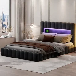 Lit double 180 x 200 cm avec espace de rangement, Lit coffre avec lumières LED et USB, Gris clair