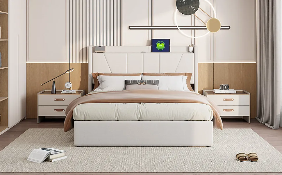 Lit Double 140 X 200 Cm Avec Port USB Et Compartiment De Rangement, Avec Tête De Lit, Beige