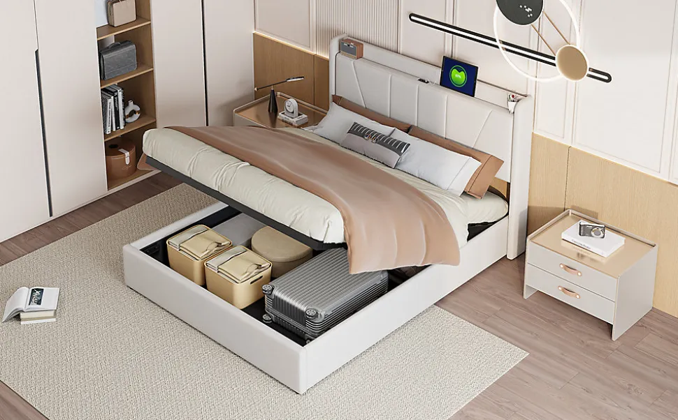 Lit Double 140 X 200 Cm Avec Port USB Et Compartiment De Rangement, Avec Tête De Lit, Beige