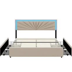 Lit Double 140 X 200 Cm, Rembourré Avec 4 Tiroirs Et LED, Sommier à Lattes, Lin Beige