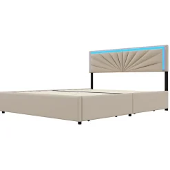 Lit Double 140 X 200 Cm, Rembourré Avec 4 Tiroirs Et LED, Sommier à Lattes, Lin Beige