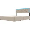 Lit Double 160 X 200 Cm, Rembourré Avec 4 Tiroirs Et LED, Sommier à Lattes, Lin Beige