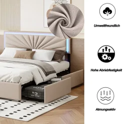 Lit Double 160 X 200 Cm, Rembourré Avec 4 Tiroirs Et LED, Sommier à Lattes, Lin Beige