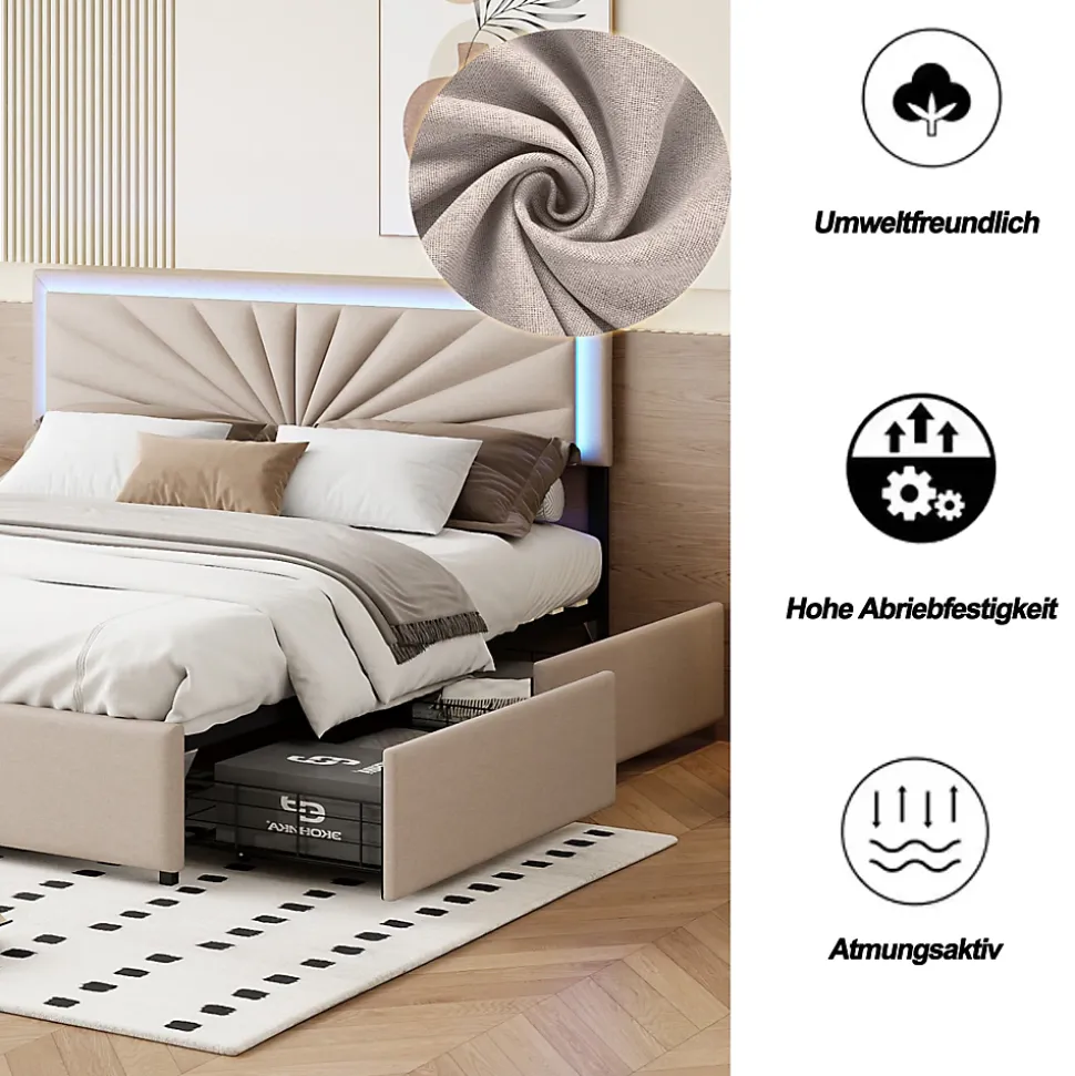Lit Double 160 X 200 Cm, Rembourré Avec 4 Tiroirs Et LED, Sommier à Lattes, Lin Beige