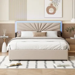 Lit Double 160 X 200 Cm, Rembourré Avec 4 Tiroirs Et LED, Sommier à Lattes, Lin Beige