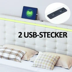 Lit double 160 x 200 cm, sommier tapissier flottant, avec LED, lin, beige