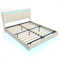 Lit double 160 x 200 cm, sommier tapissier flottant, avec LED, lin, beige