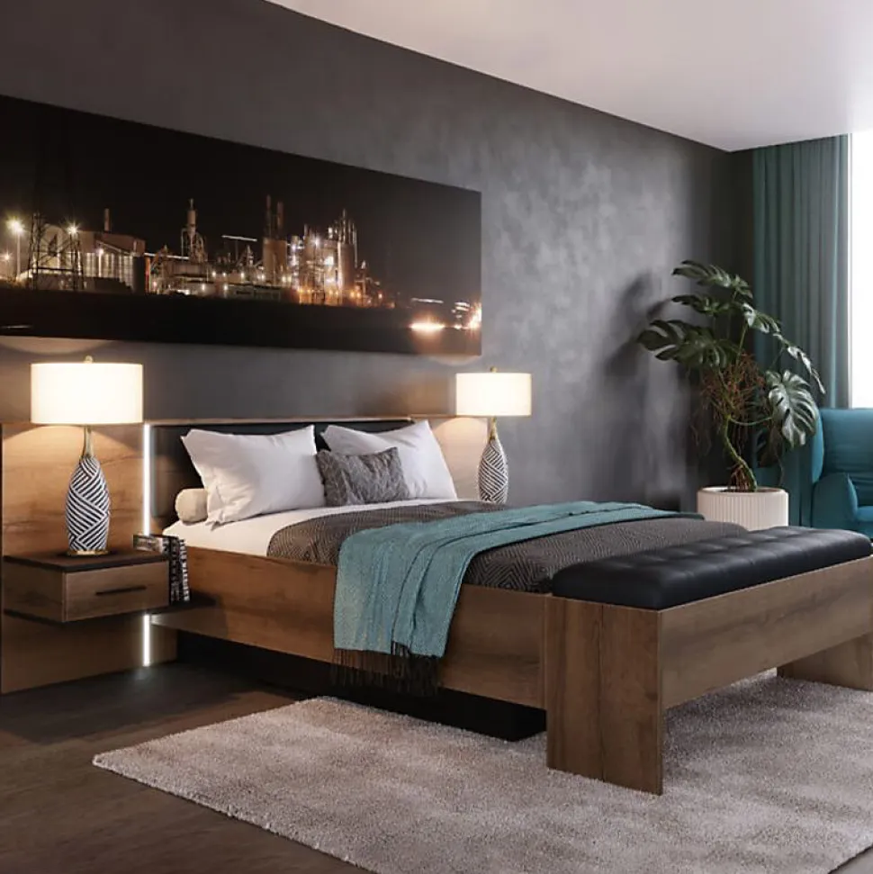 Lit double 160 x 200 décor chêne foncé et noir avec LED - RIVIERA