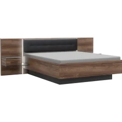 Lit double 160 x 200 décor chêne foncé et noir avec LED - RIVIERA