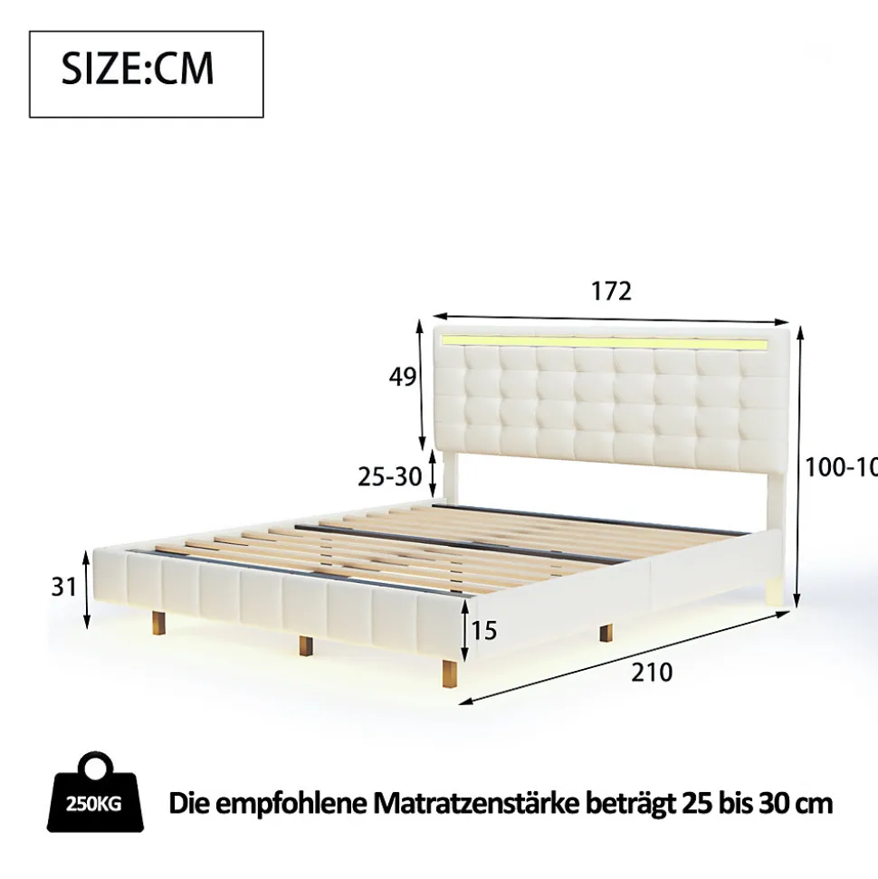 Lit double 160 x 200cm avec sommier à lattes, Lit 160 x 200cm avec éclairage LED et USB, cadre de lit en lin, Beige