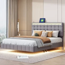 Lit double 140 x 200cm avec sommier à lattes, Lit 140 x 200cm avec éclairage LED et USB, cadre de lit en lin, Gris