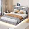 Lit double 160 x 200cm avec sommier à lattes, Lit 160 x 200cm avec éclairage LED et USB, cadre de lit en lin, Gris