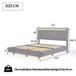 Lit double 160 x 200cm avec sommier à lattes, Lit 160 x 200cm avec éclairage LED et USB, cadre de lit en lin, Gris