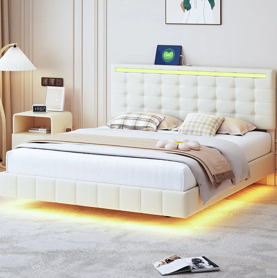 Lit double 160 x 200cm avec sommier à lattes, Lit 160 x 200cm avec éclairage LED et USB, cadre de lit en lin, Beige