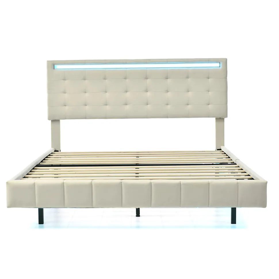 Lit double 160 x 200cm avec sommier à lattes, Lit 160 x 200cm avec éclairage LED et USB, cadre de lit en lin, Beige