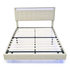 Lit double 140 x 200cm avec sommier à lattes, Lit 140 x 200cm avec éclairage LED et USB, cadre de lit en lin, Beige