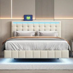 Lit double 160 x 200cm avec sommier à lattes, Lit 160 x 200cm avec éclairage LED et USB, cadre de lit en lin, Beige