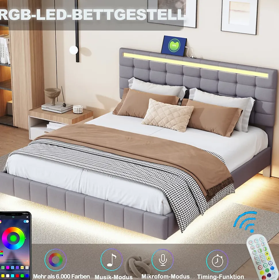 Lit double 160 x 200cm avec sommier à lattes, Lit 160 x 200cm avec éclairage LED et USB, cadre de lit en lin, Gris