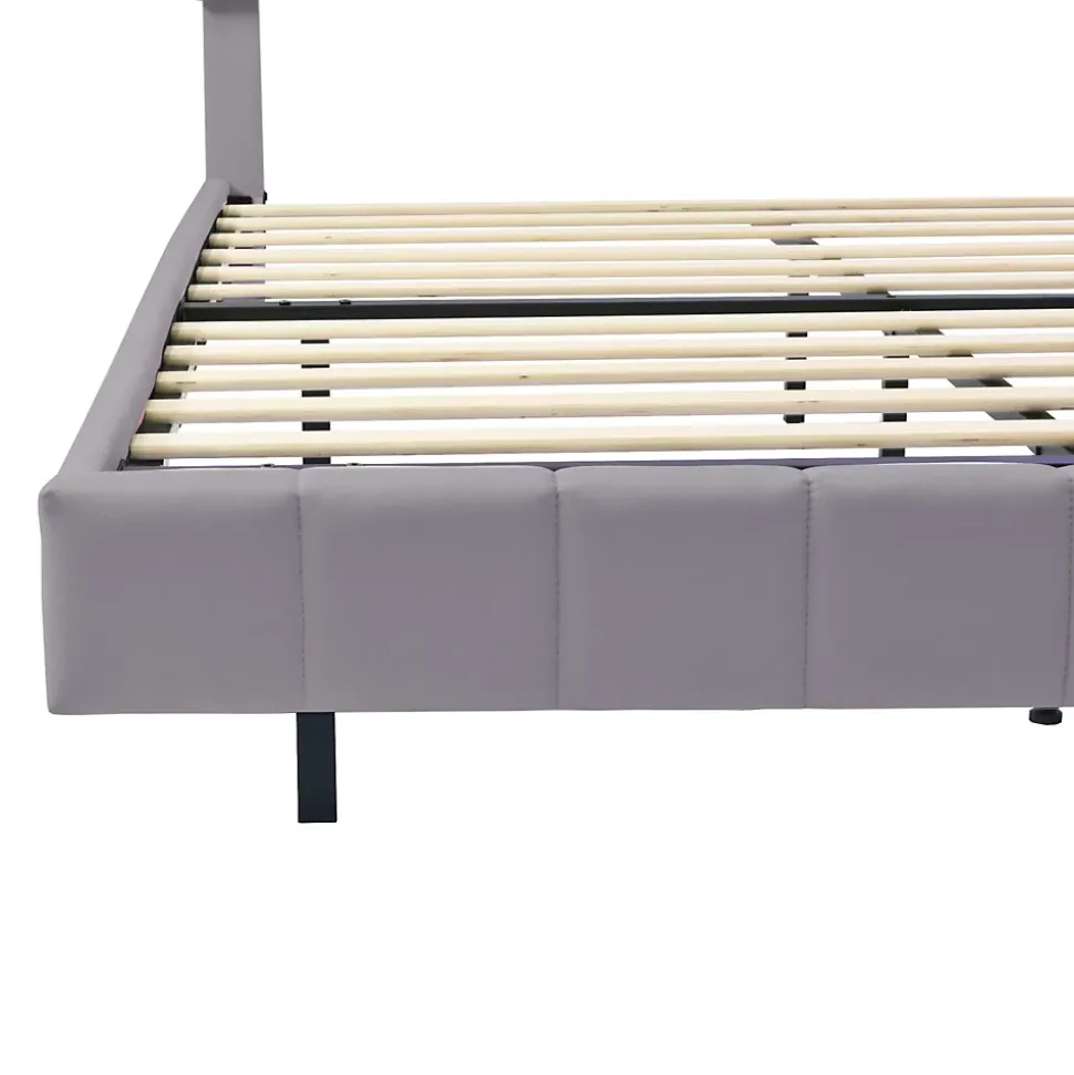 Lit double 160 x 200cm avec sommier à lattes, Lit 160 x 200cm avec éclairage LED et USB, cadre de lit en lin, Gris