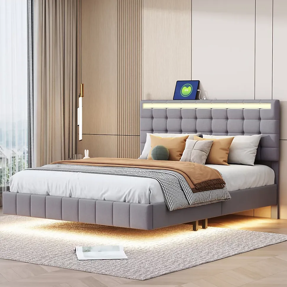 Lit double 160 x 200cm avec sommier à lattes, Lit 160 x 200cm avec éclairage LED et USB, cadre de lit en lin, Gris