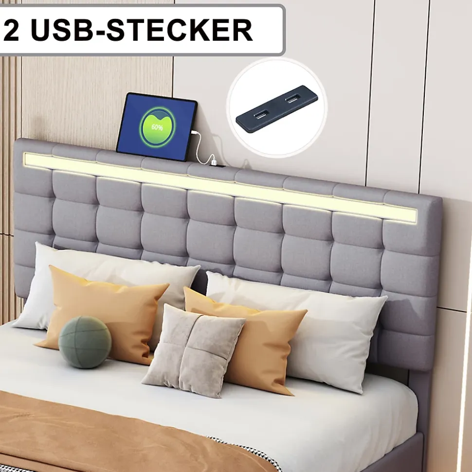 Lit double 160 x 200cm avec sommier à lattes, Lit 160 x 200cm avec éclairage LED et USB, cadre de lit en lin, Gris