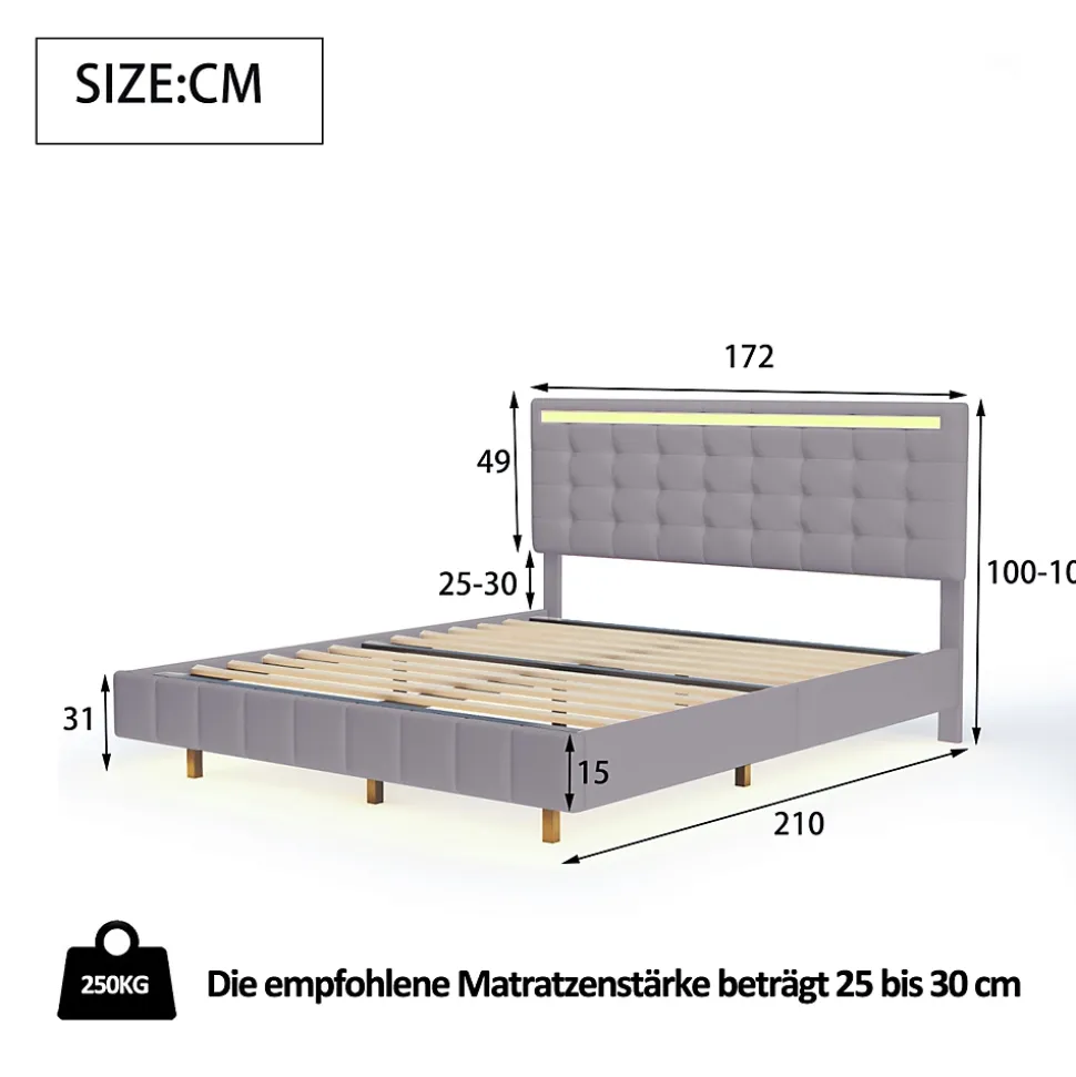 Lit double 160 x 200cm avec sommier à lattes, Lit 160 x 200cm avec éclairage LED et USB, cadre de lit en lin, Gris
