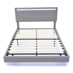 Lit double 160 x 200cm avec sommier à lattes, Lit 160 x 200cm avec éclairage LED et USB, cadre de lit en lin, Gris