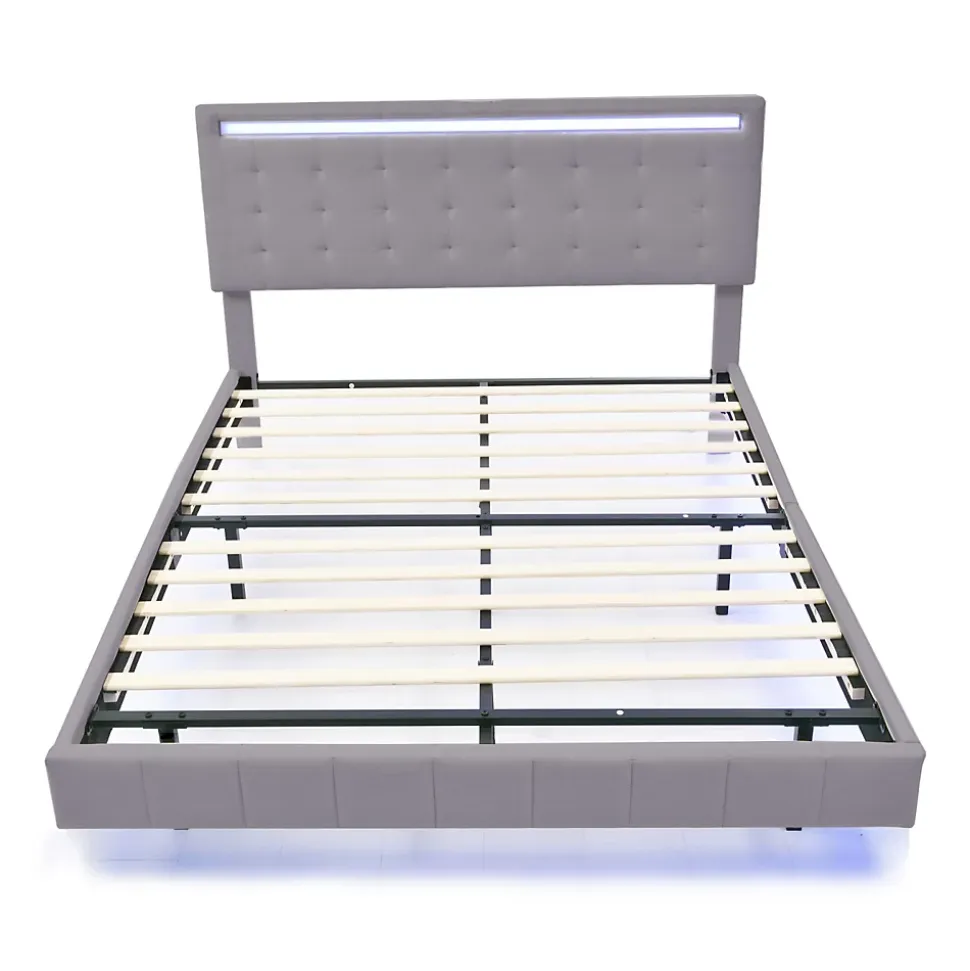 Lit double 160 x 200cm avec sommier à lattes, Lit 160 x 200cm avec éclairage LED et USB, cadre de lit en lin, Gris