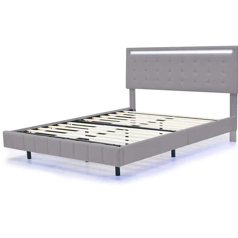 Lit double 160 x 200cm avec sommier à lattes, Lit 160 x 200cm avec éclairage LED et USB, cadre de lit en lin, Gris