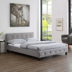 Lit Double 140 x190 cm Tissus Gris Moderne + Sommier Chambre