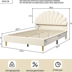 Lit double 140 x 200,lit 140 x 200,lit rembourré,lit adulte avec tête de lit en forme de fleur,beige