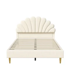 Lit double 140 x 200,lit 140 x 200,lit rembourré,lit adulte avec tête de lit en forme de fleur,beige