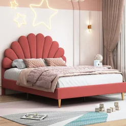 Lit double 140 x 200,lit 140 x 200,lit rembourré,lit adulte avec tête de lit en forme de fleur,beige