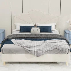 Lit Double Ado 140x200 cm - Lit Capitonné Bas Moderne et Confortable, Sans Vérin, Sans Matelas, Tissu Beige