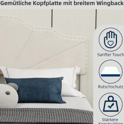 Lit Double Ado 140x200 cm - Lit Capitonné Bas Moderne et Confortable, Sans Vérin, Sans Matelas, Tissu Beige