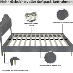 Lit Double Ado 140x200 cm - Lit Bas Capitonné, Sans Vérin et Sans Matelas, Moderne et Confortable, Tissu Gris