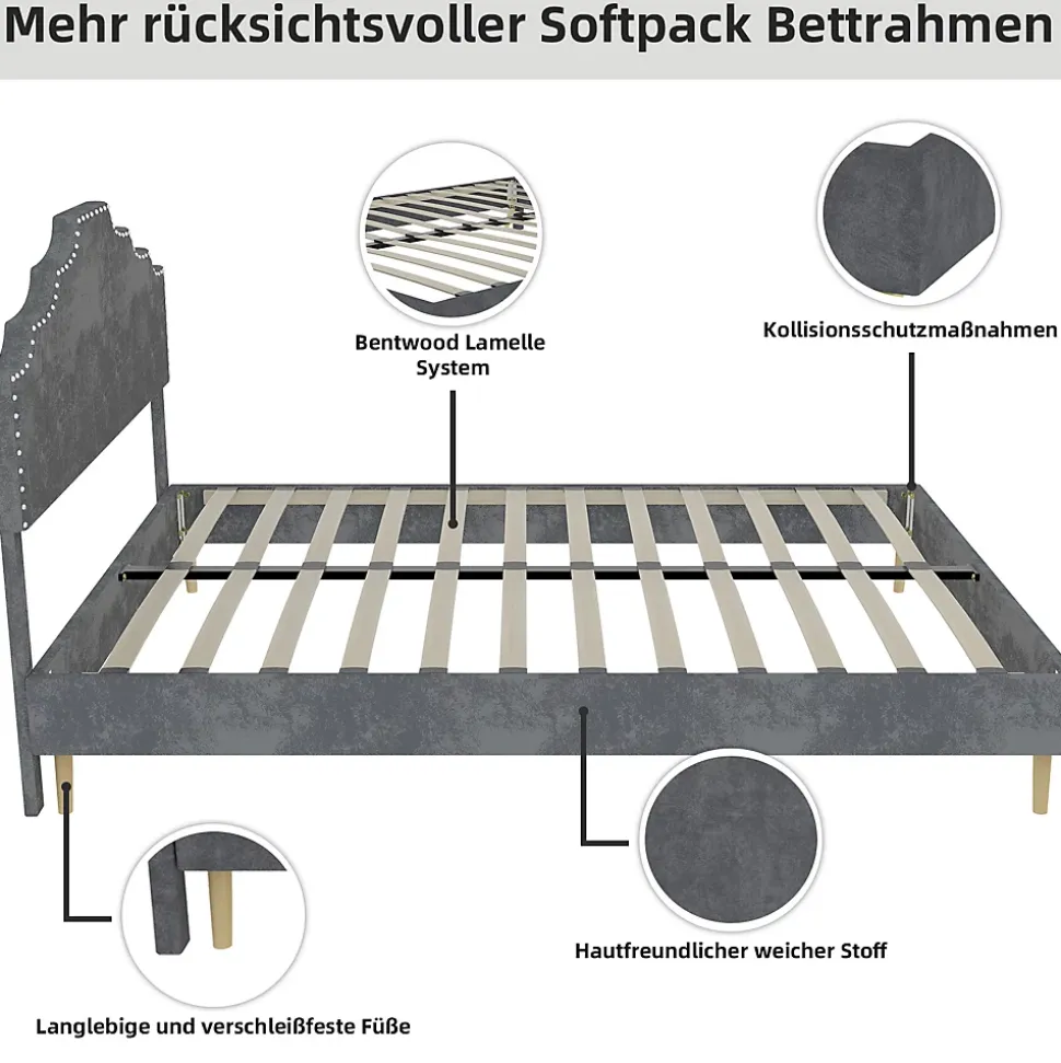 Lit Double Ado 140x200 cm - Lit Bas Capitonné, Sans Vérin et Sans Matelas, Moderne et Confortable, Tissu Gris