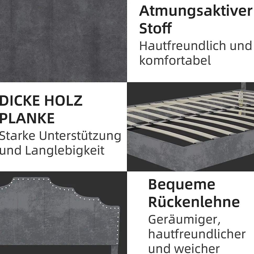 Lit Double Ado 140x200 cm - Lit Bas Capitonné, Sans Vérin et Sans Matelas, Moderne et Confortable, Tissu Gris