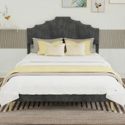 Lit Double Ado 140x200 cm - Lit Bas Capitonné, Sans Vérin et Sans Matelas, Moderne et Confortable, Tissu Gris