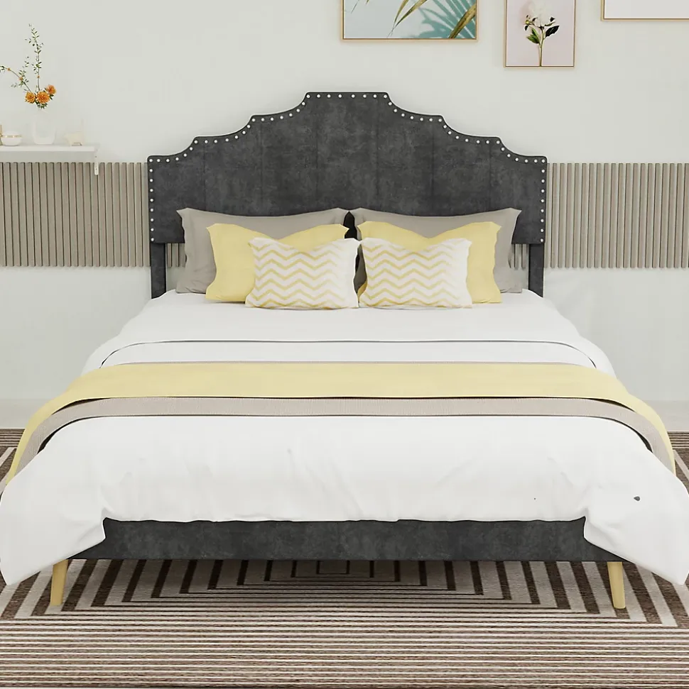 Lit Double Ado 140x200 cm - Lit Bas Capitonné, Sans Vérin et Sans Matelas, Moderne et Confortable, Tissu Gris