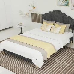 Lit Double Ado 140x200 cm - Lit Bas Capitonné, Sans Vérin et Sans Matelas, Moderne et Confortable, Tissu Gris