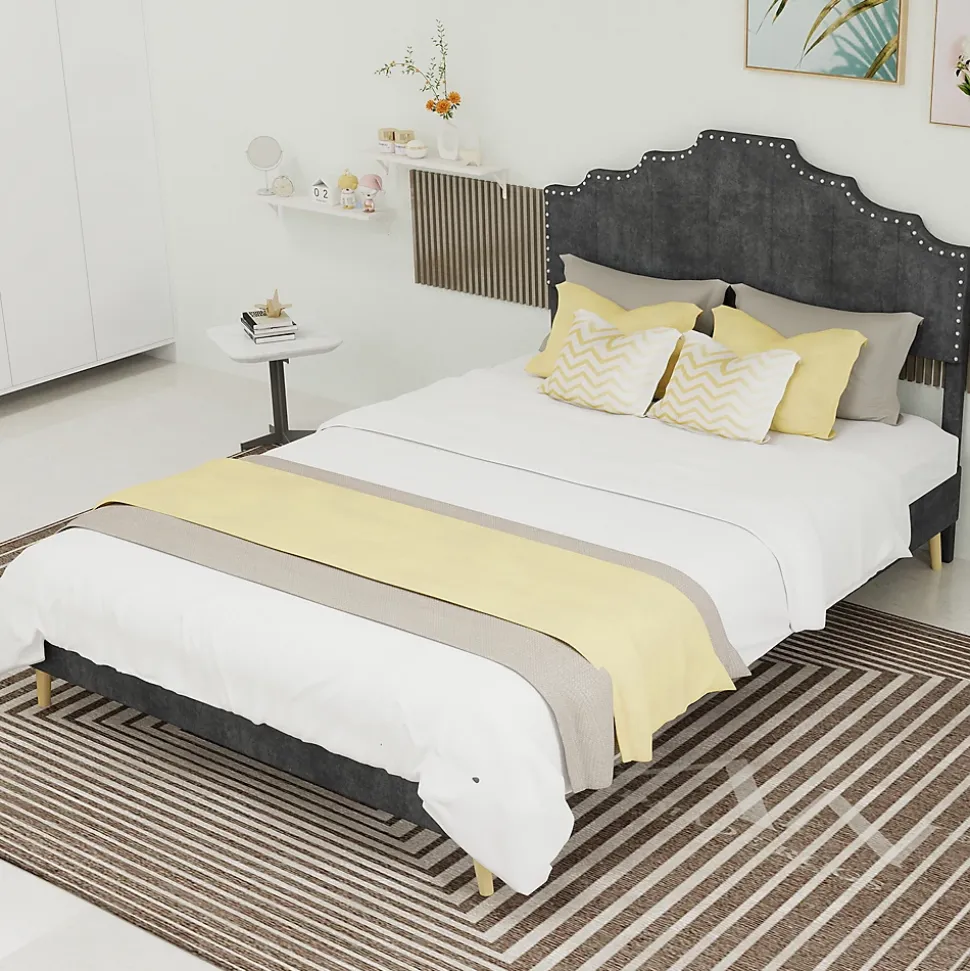 Lit Double Ado 140x200 cm - Lit Bas Capitonné, Sans Vérin et Sans Matelas, Moderne et Confortable, Tissu Gris